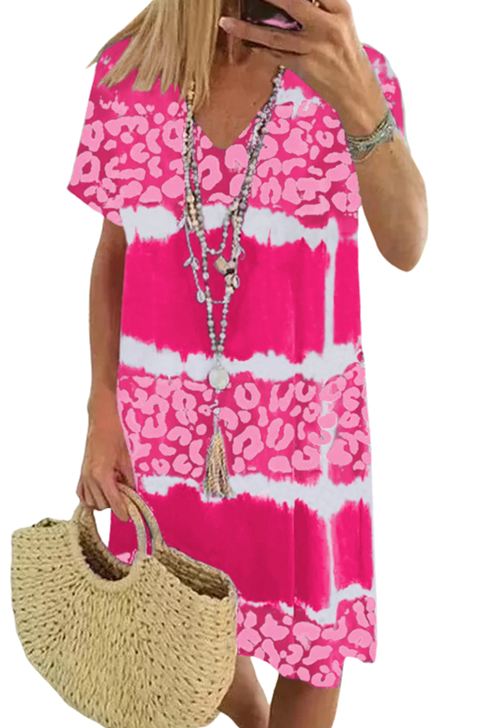 Grey Tie Dye Leopard Color Block V Neck T Shirt Dress - The Fair Lady Shop