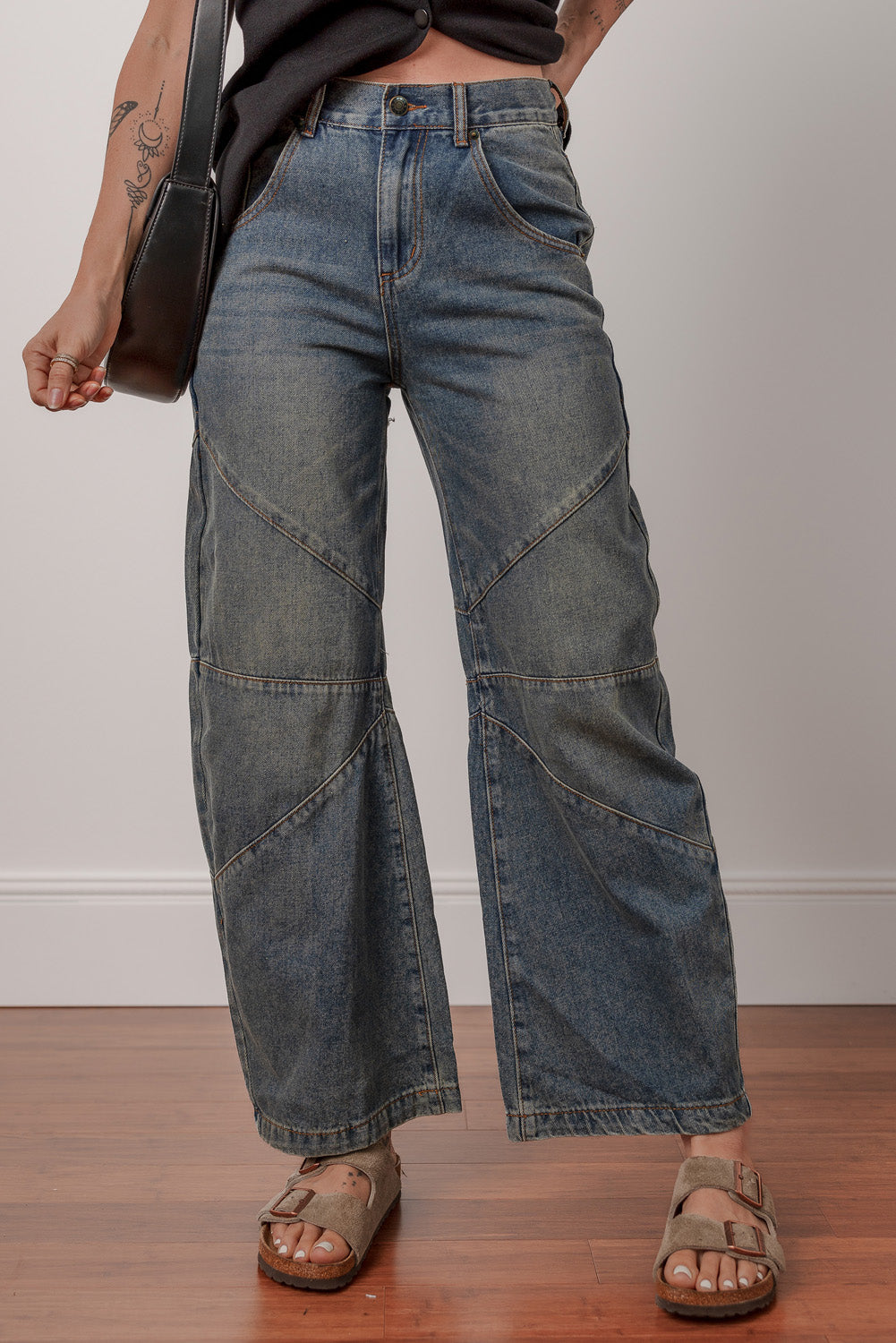 Sail Blue Criss Cross Straight Leg High Waist Jeans - The Fair Lady Shop