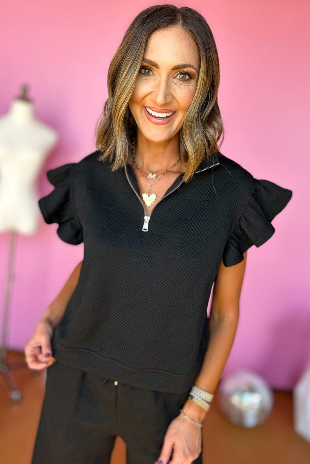 Black Textured Ruffle Cap Sleeve Top and Wide Leg Pants Set - The Fair Lady Shop