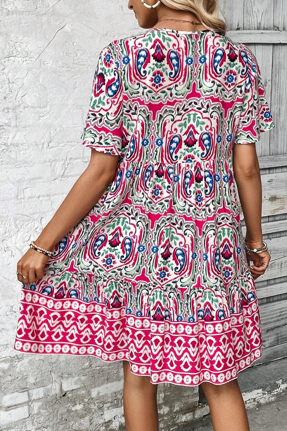 Orange Bohemian Tie Neck Flounce Sleeve Ruffle Hem Mini Dress - The Fair Lady Shop