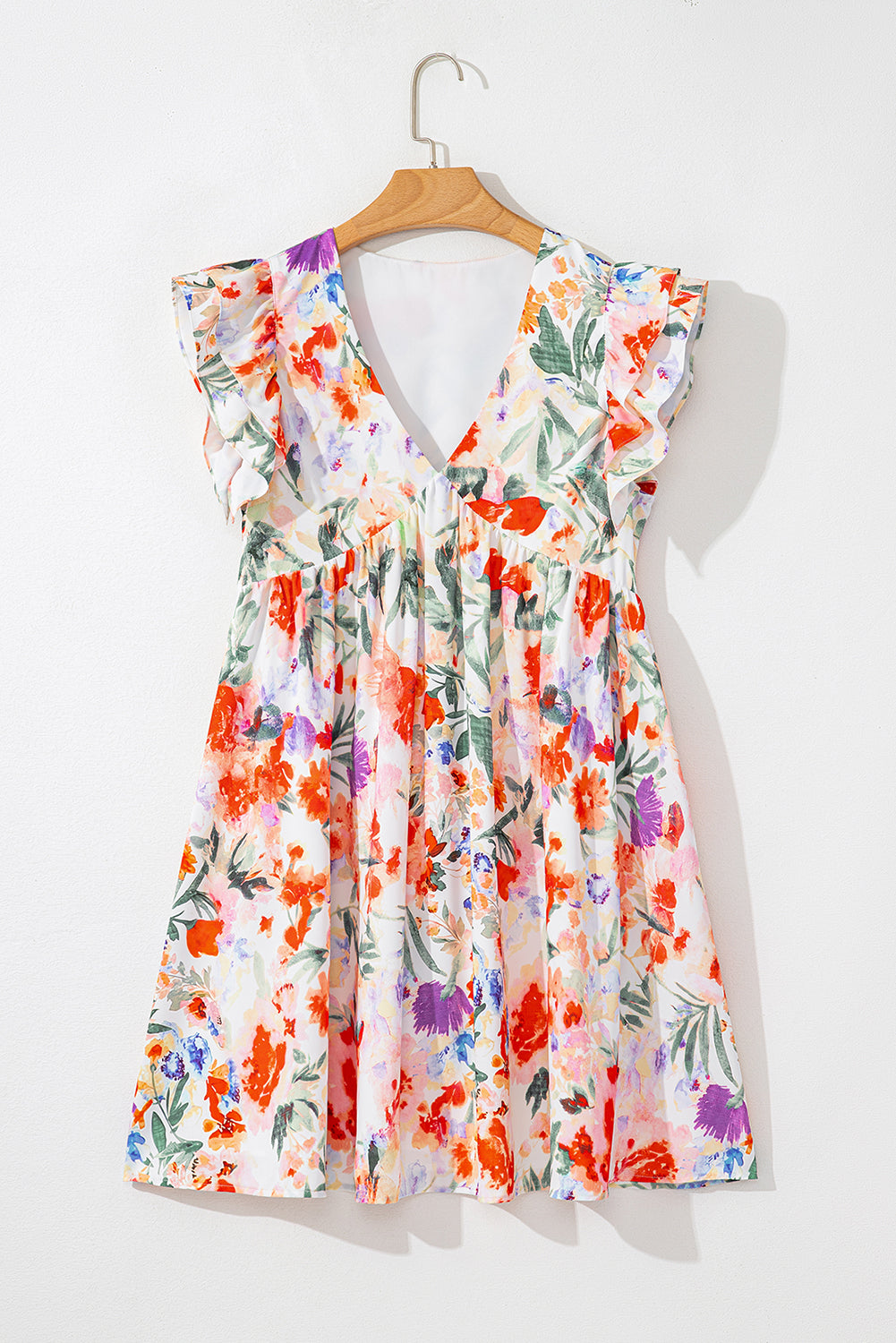 Pink Floral Ruffle Sleeve V Neck High Waist Mini Dress - The Fair Lady Shop