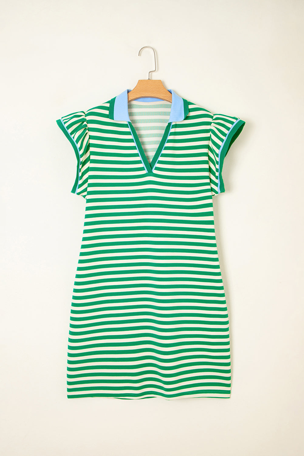 Green Striped Ruffle Short Sleeve Pop of Color Neckline Dress - The Fair Lady Shop