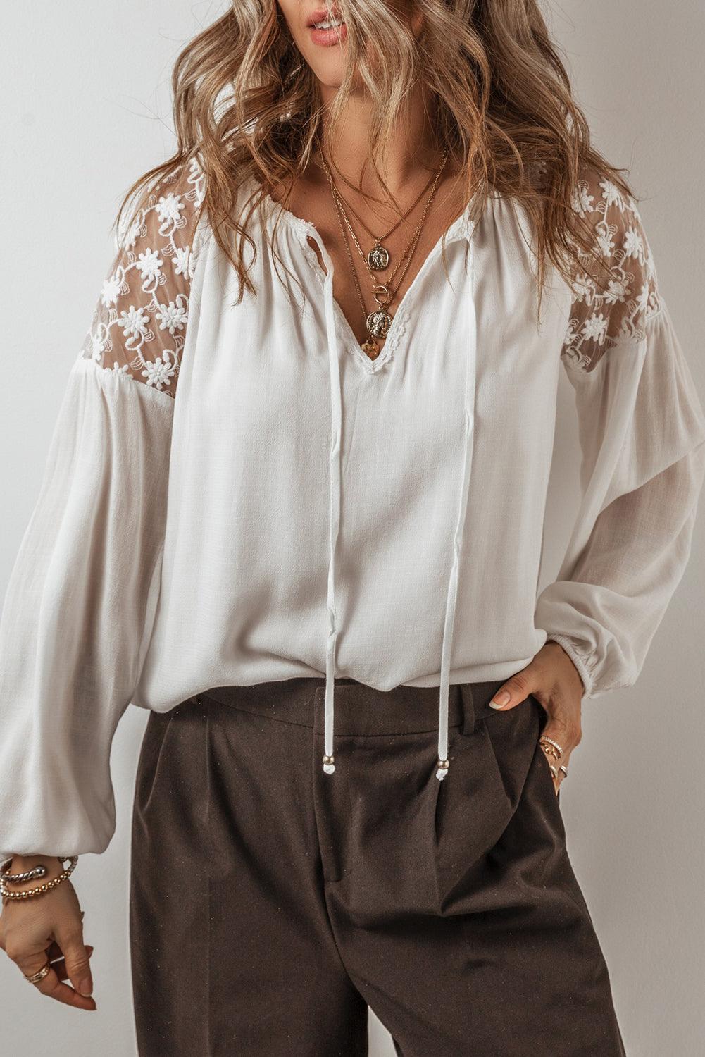 White Floral Lace Patchwork Lantern Sleeve V Neck Blouse - The Fair Lady Shop