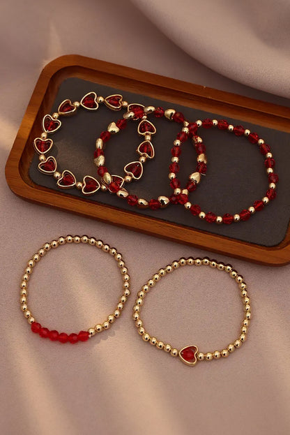 Fiery Red Valentines Heart Beaded Layered Bracelet