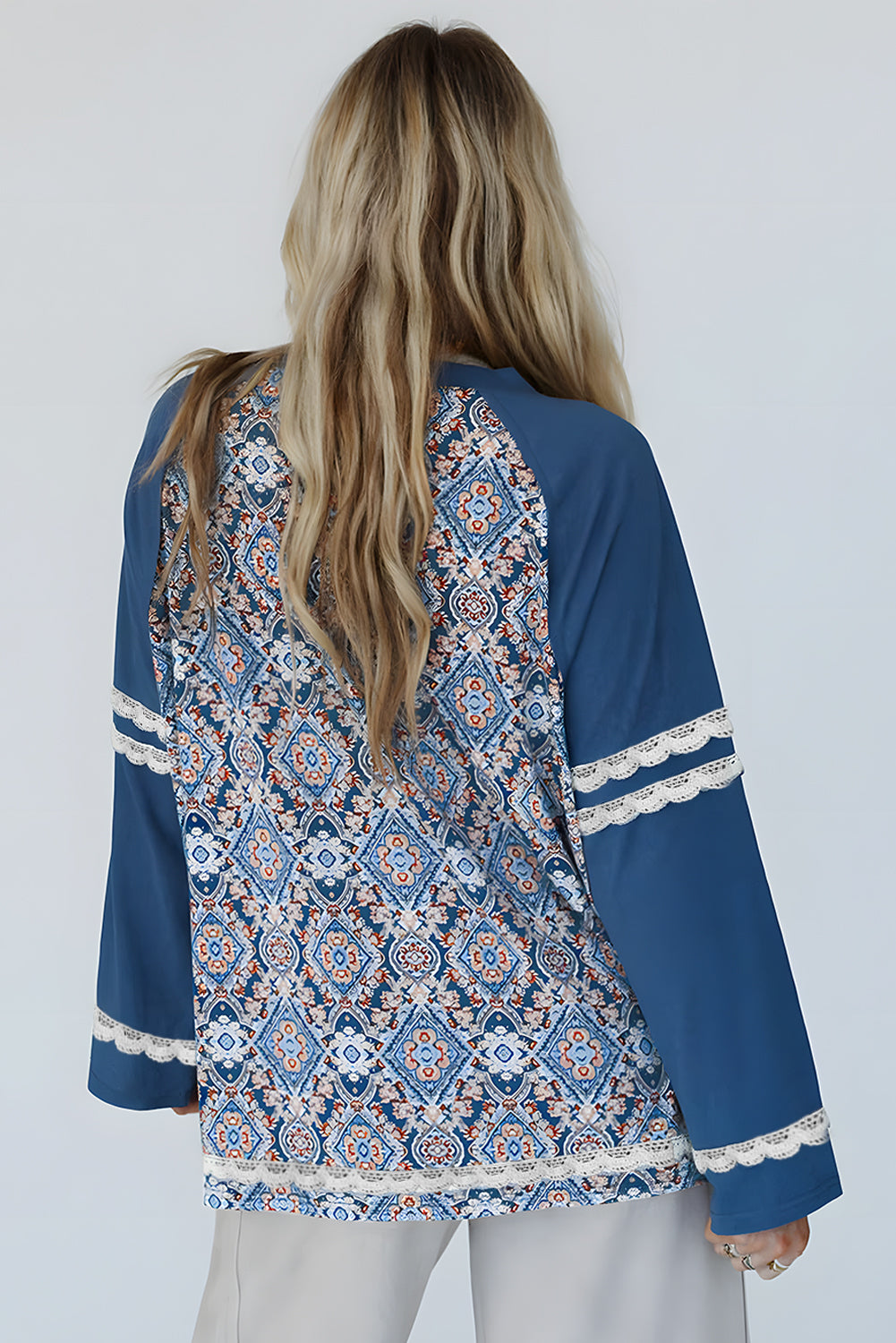 Blue Boho Geometric Print Lace Ricrac Raglan Sleeve Blouse - The Fair Lady Shop