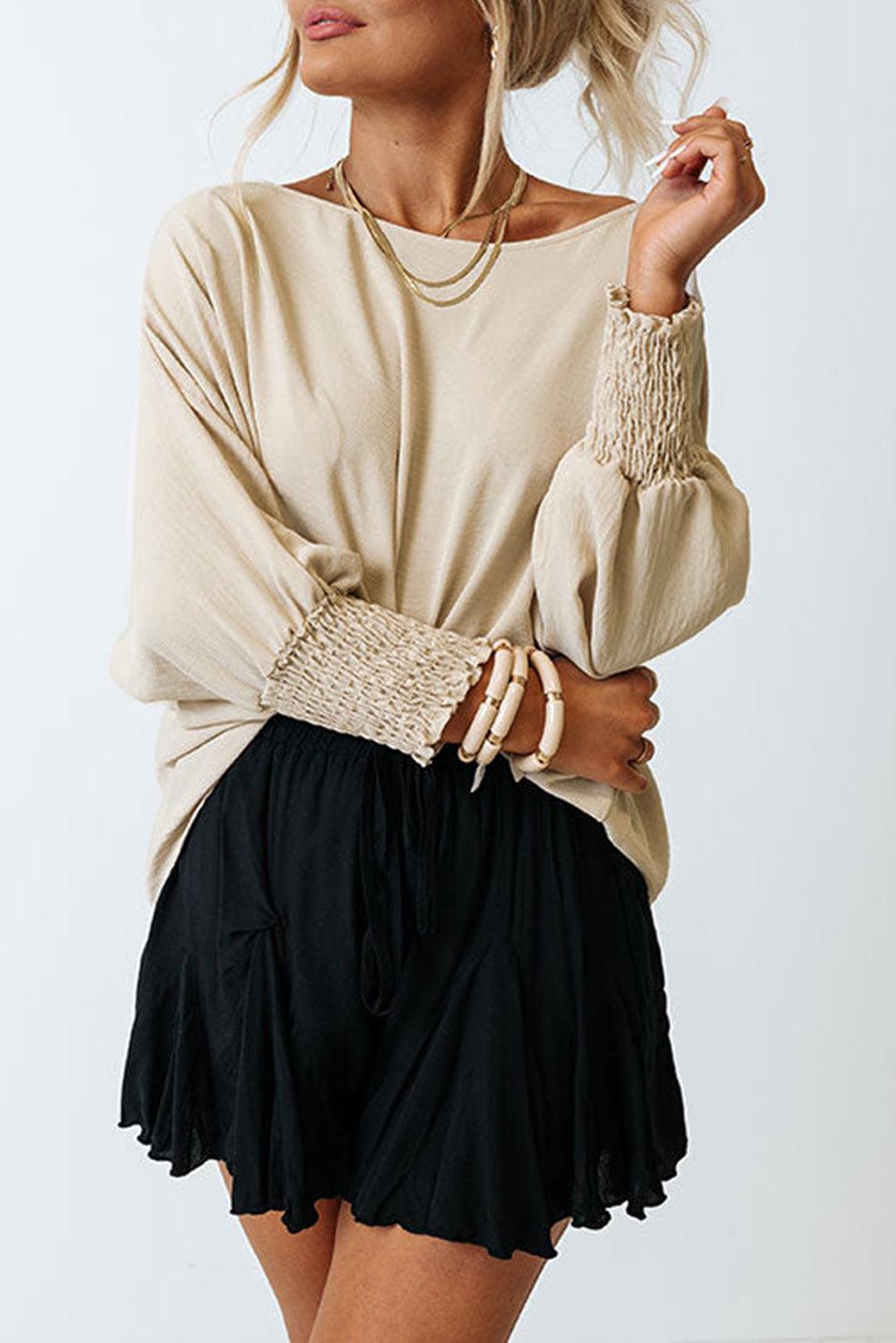 White Plain & Casual Shirred Cuffs Half Sleeve Top - The Fair Lady Shop