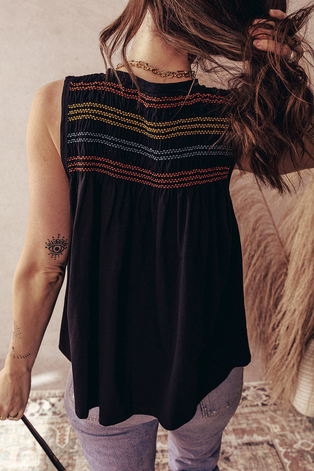 Black Shirred Yoke Notched V Neck Tank Top - The Fair Lady Shop