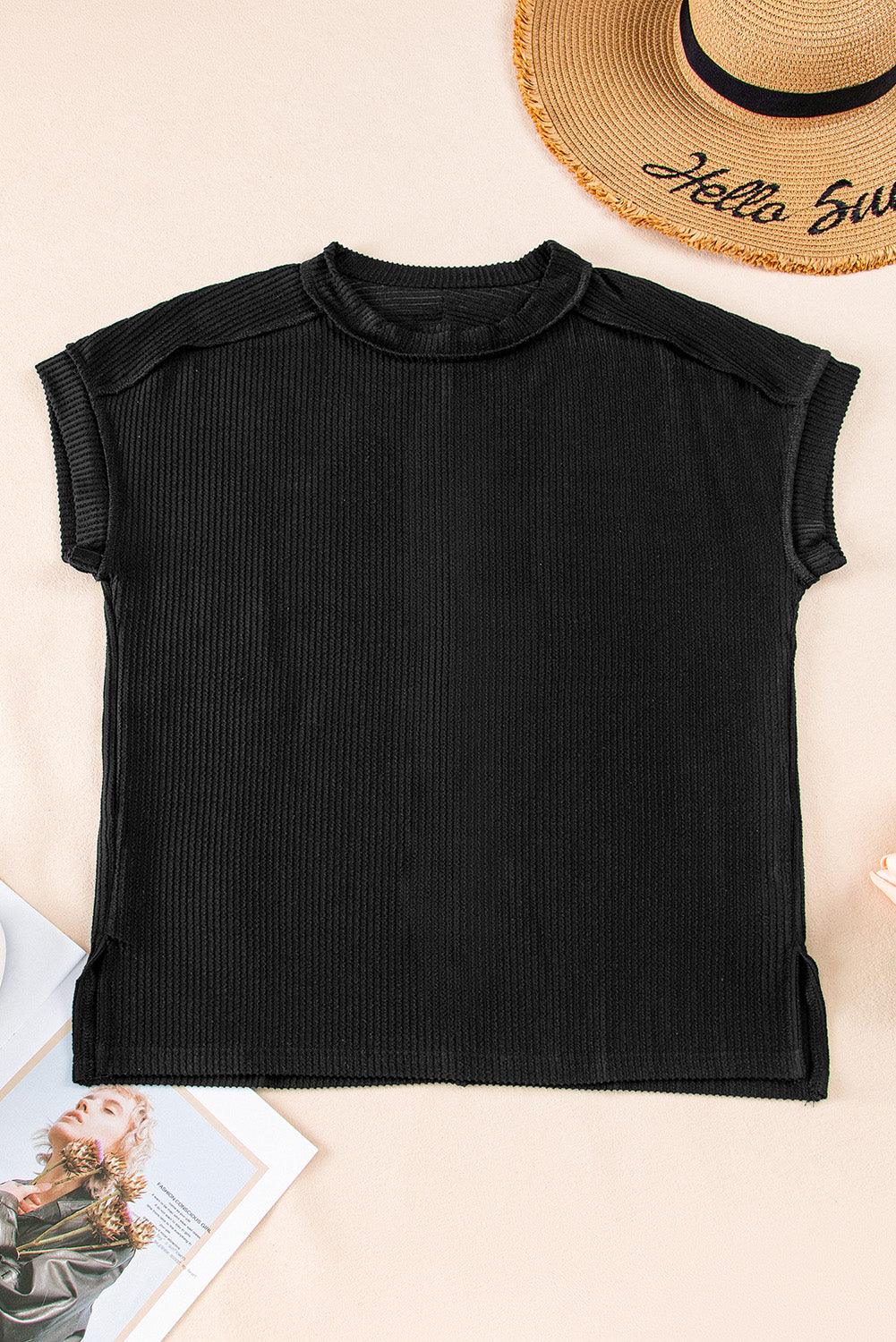 Medium Grey Ribbed Knit Exposed Seam Round Neck T-shirt - The Fair Lady Shop