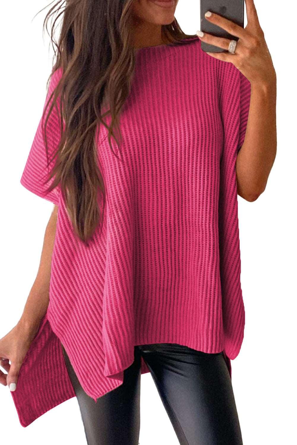 Apricot Side Slit Short Sleeve Oversized Sweater - The Fair Lady Shop