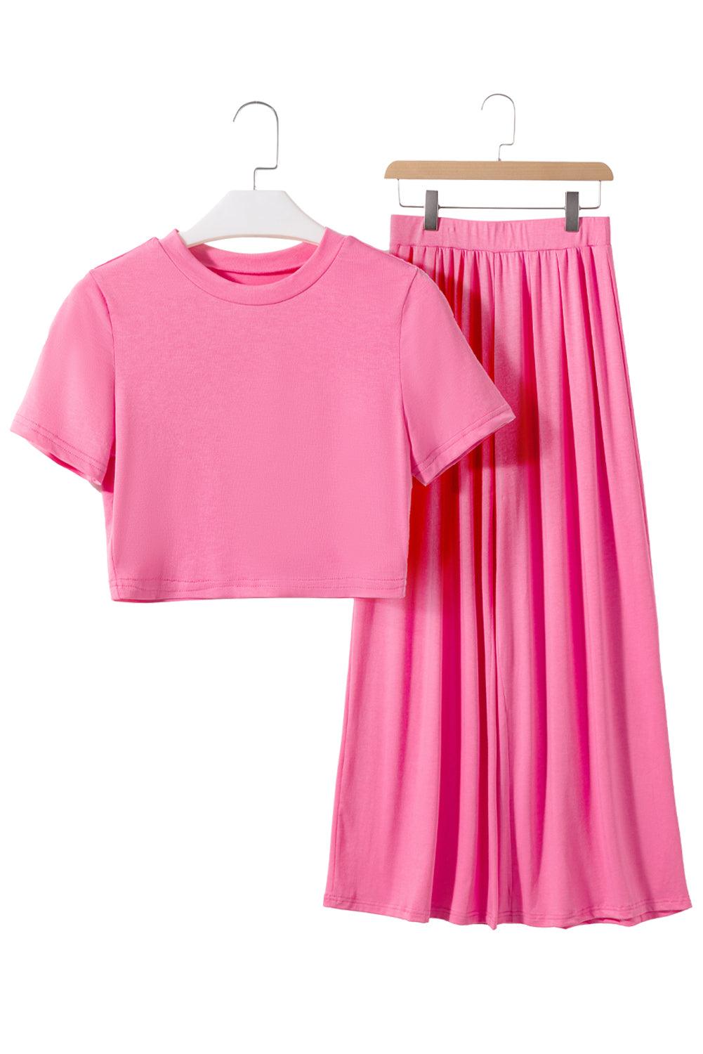 Strawberry Pink Plain Slim Fit Crop Top And Wide Leg Pants Set - The Fair Lady Shop