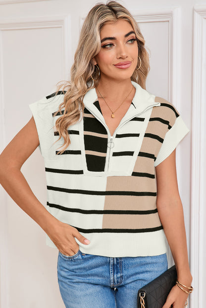 Black Stripe Quarter Zip Collar Knit Vest - The Fair Lady Shop