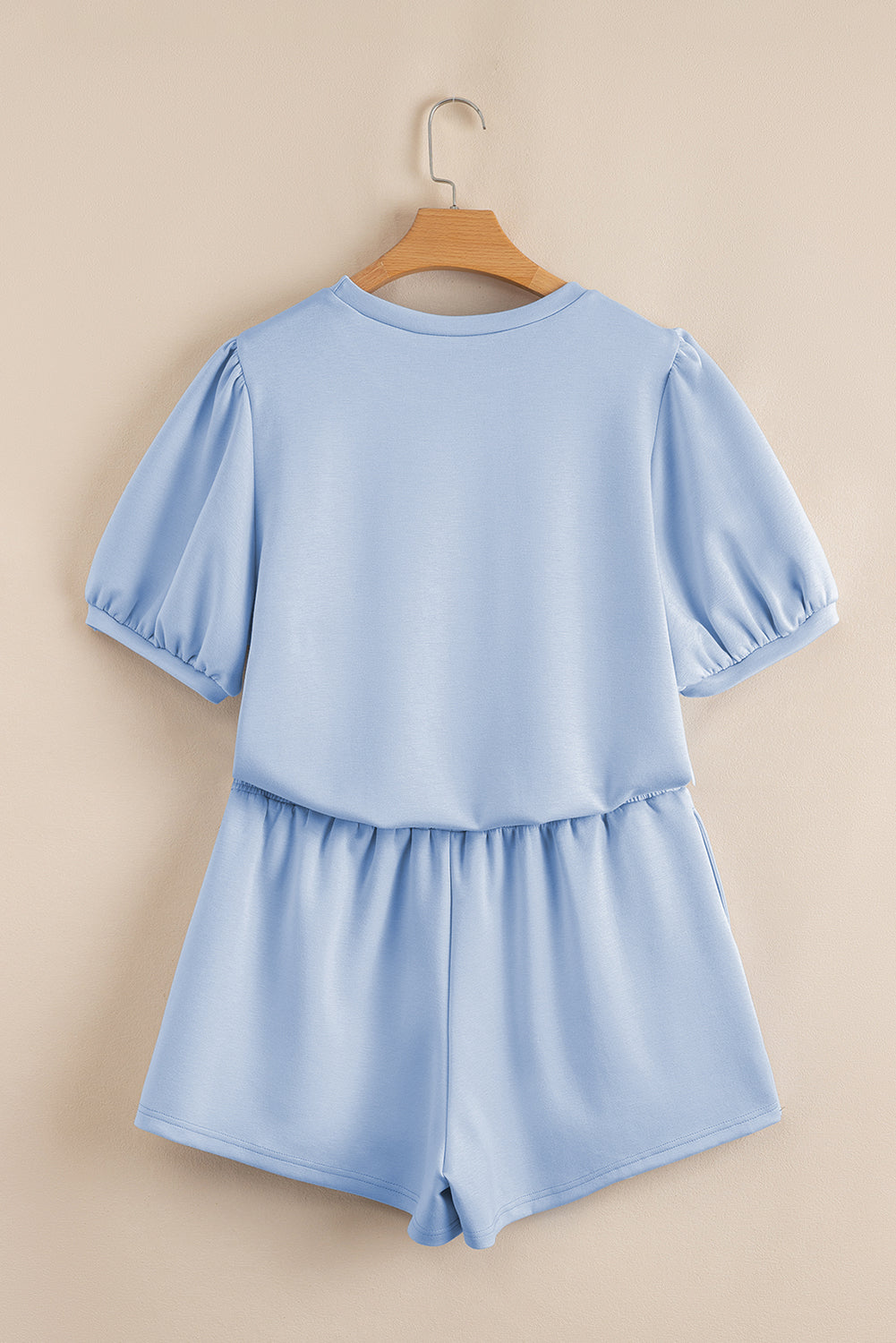 Beau Blue Puff Sleeve Pearl Embellished Scallop Hem 2-Piece Shorts Set