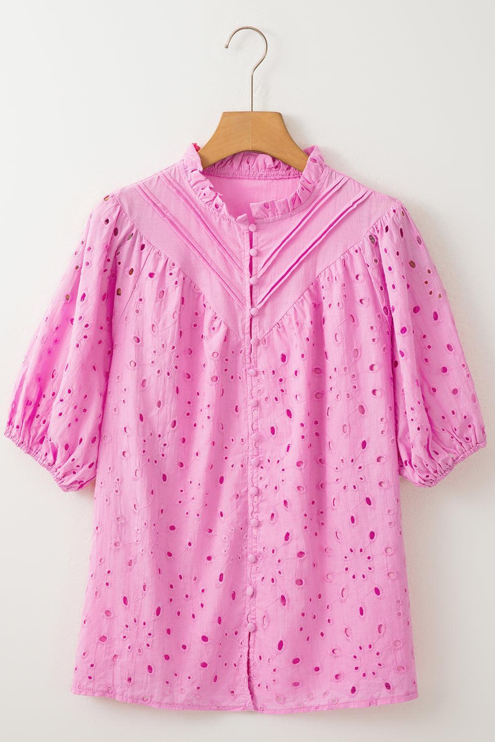 Bonbon Hollow-out Flower Embroidered Short Puff Sleeve Blouse - The Fair Lady Shop