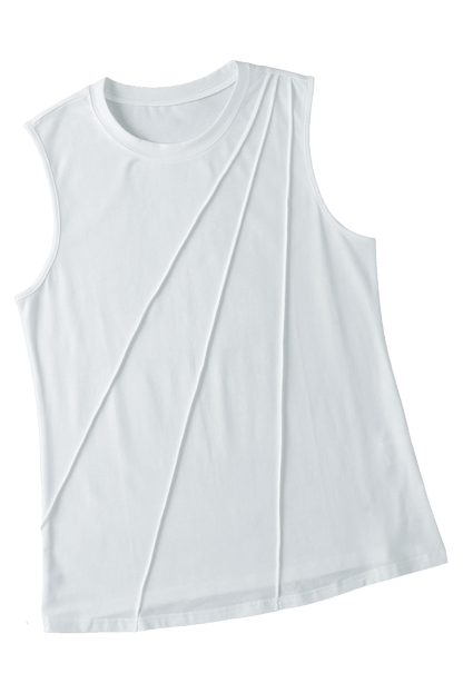 White Solid Color Crew Neck Pleated Tank Top - The Fair Lady Shop