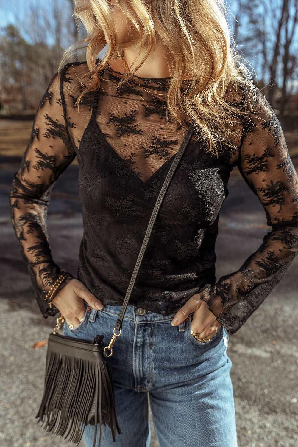 Apricot Mesh Crochet Patchwork Slim Fit Long Sleeve Blouse - The Fair Lady Shop