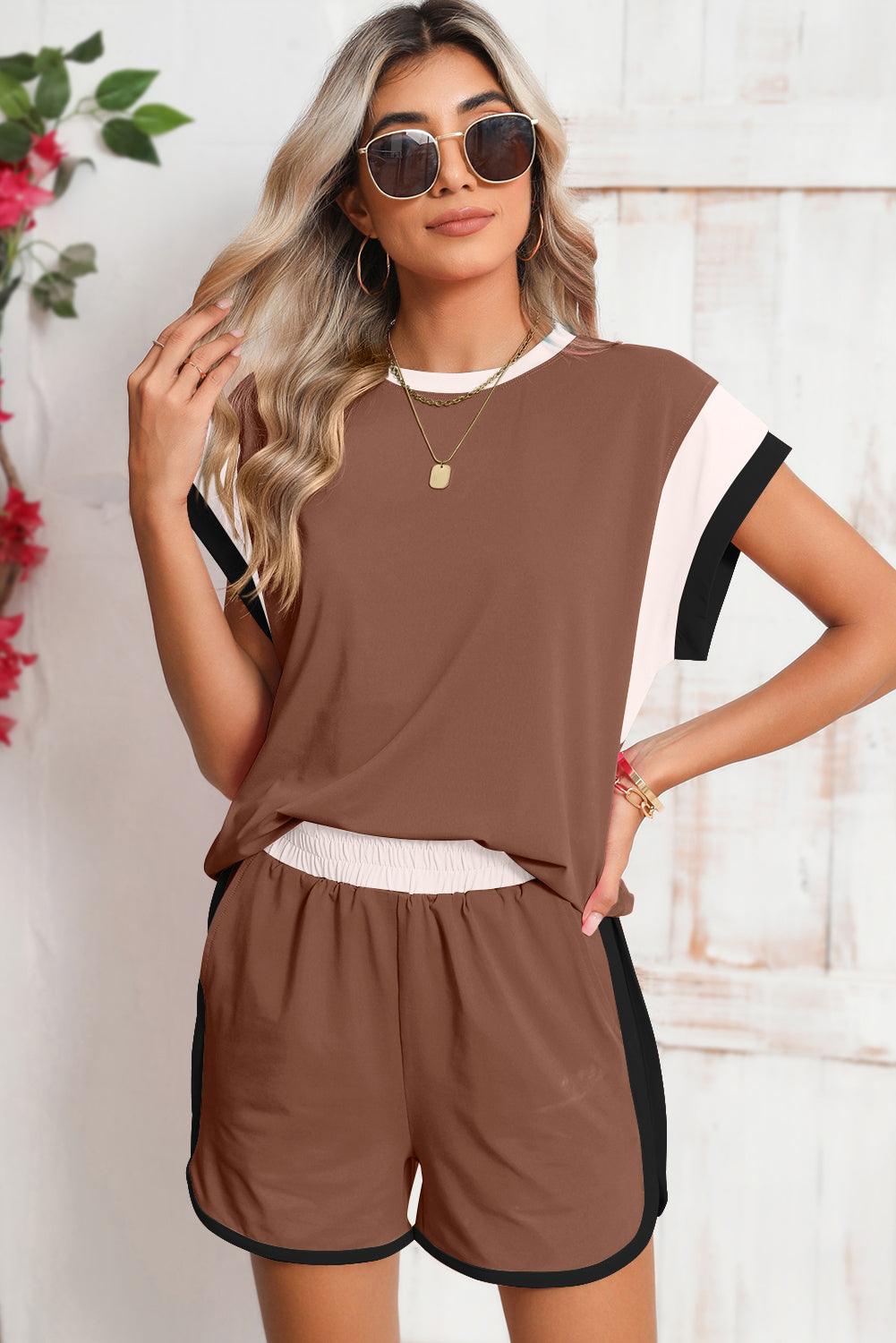 Peach Blossom Color Block Loose Fit Top & Elastic Waist Shorts Set - The Fair Lady Shop