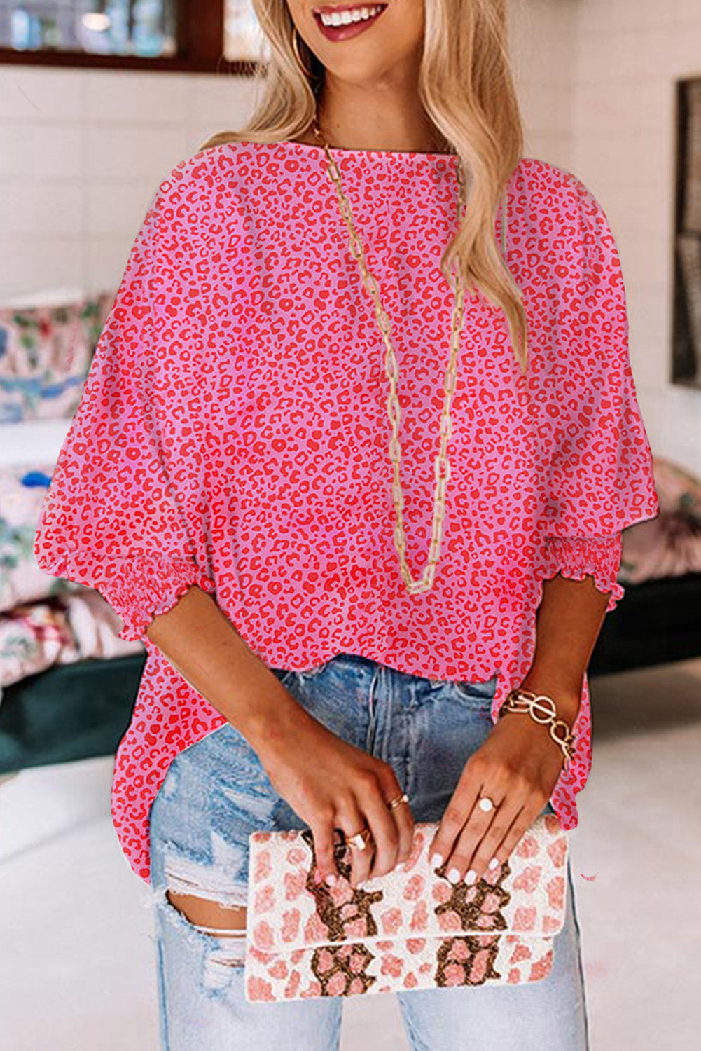 Pink Leopard Puff Sleeve Shirred Cuffs Oversized Blouse - The Fair Lady Shop