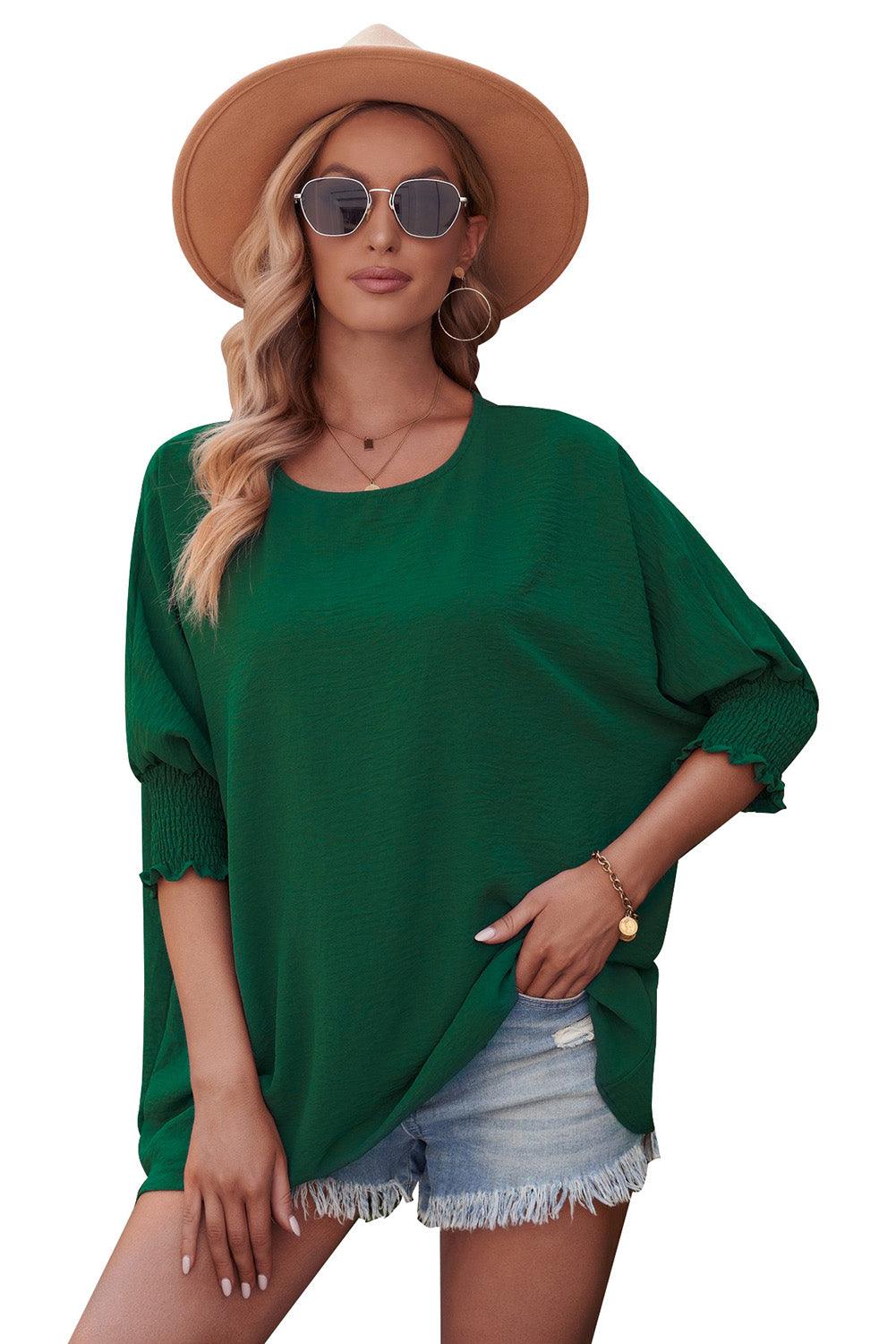 White Plain & Casual Shirred Cuffs Half Sleeve Top - The Fair Lady Shop