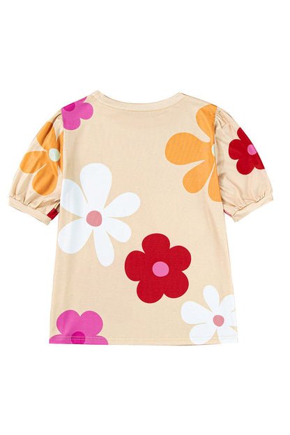 Apricot Colorful Flower Print Bubble Sleeve Tee - The Fair Lady Shop