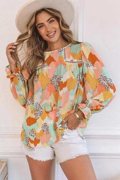 Multicolor Abstract Print Boho Ruffle Puff Sleeve Blouse - The Fair Lady Shop