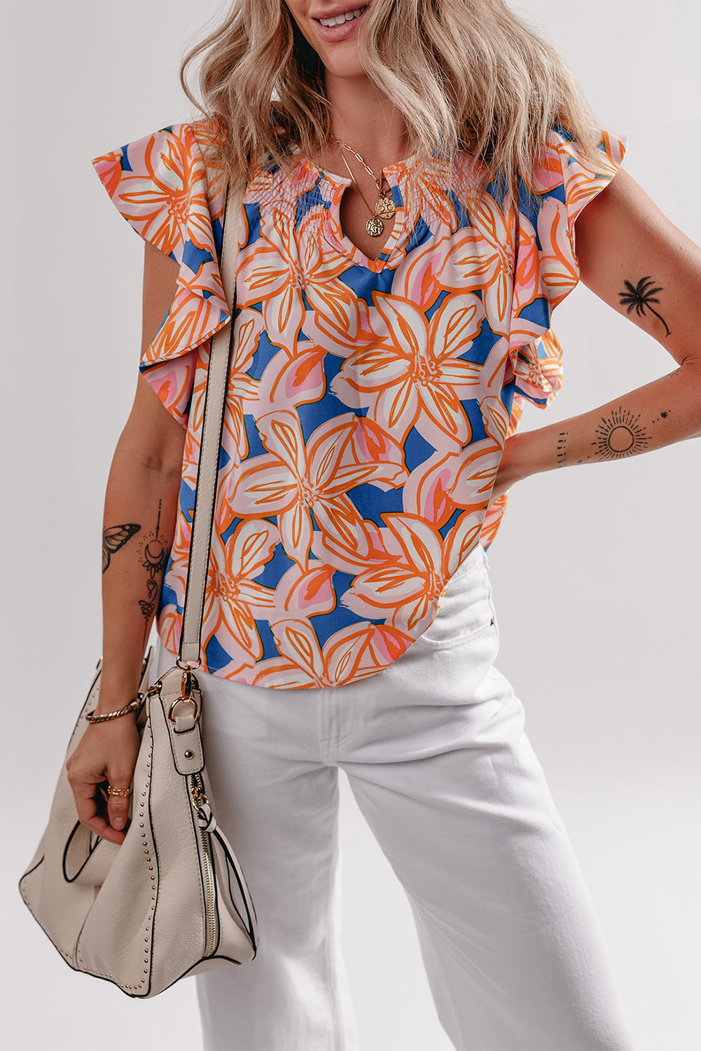 Orange Summer Flower Print Smocked Notched Neck Ruffle Blouse - The Fair Lady Shop