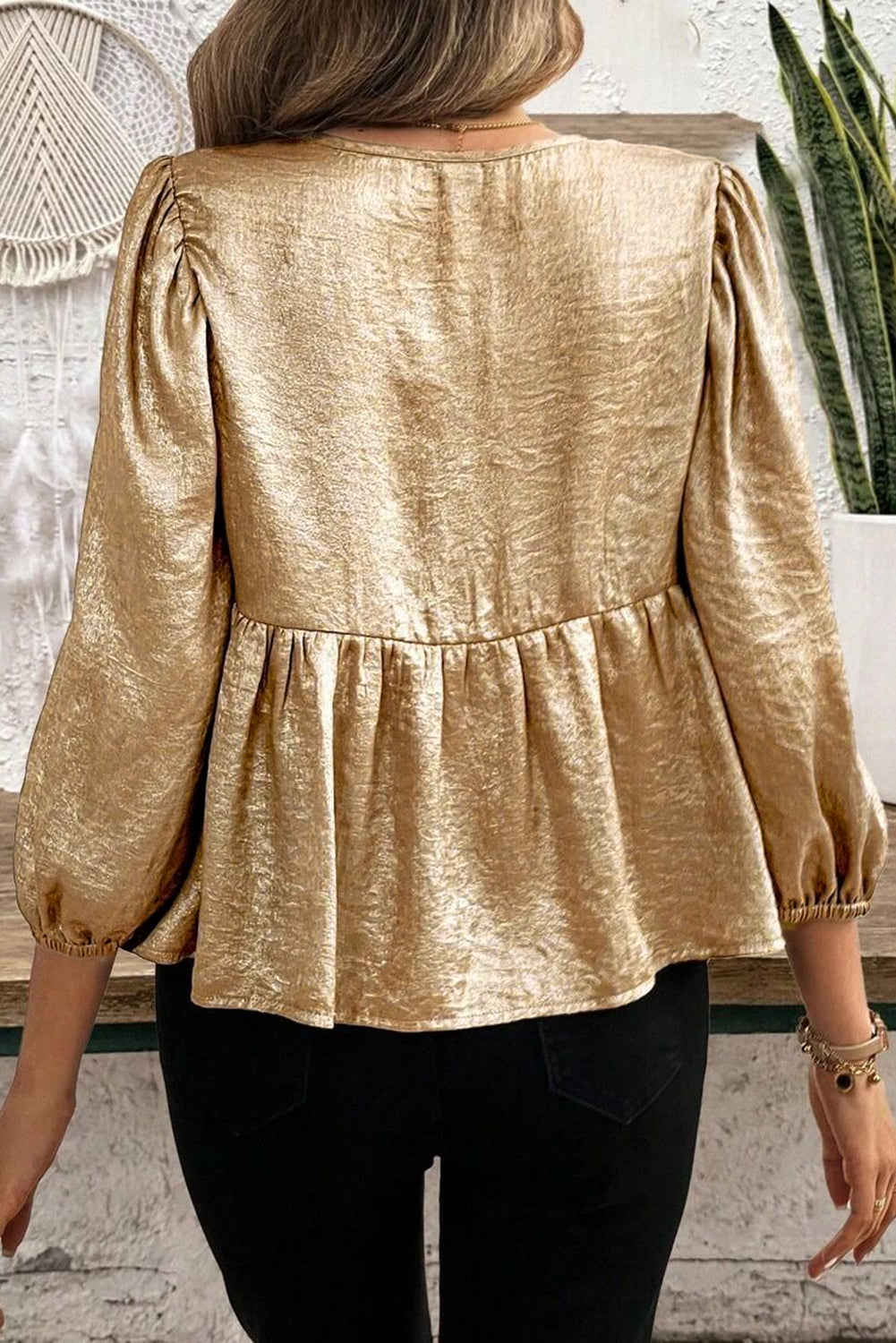 Gold Solid Color Bowknot Front Puff Sleeve Blouse - The Fair Lady Shop