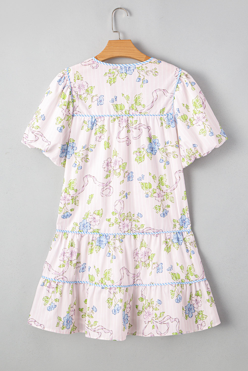 Pink Floral Striped Print Contrast Trim Tie Split Neck Mini Dress - The Fair Lady Shop