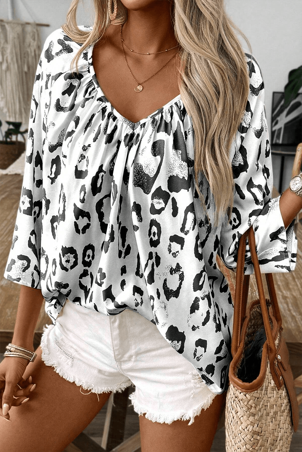 Black Leopard Print V Neck 3/4 Sleeve Blouse - The Fair Lady Shop