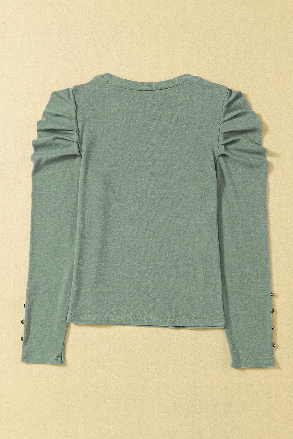 Khaki Plain Buttoned Puff Long Sleeve Sheath Top - The Fair Lady Shop