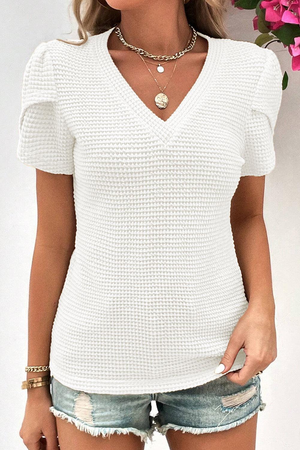 Mist Green Tulip Sleeve Waffle Knit V Neck T-Shirt - The Fair Lady Shop