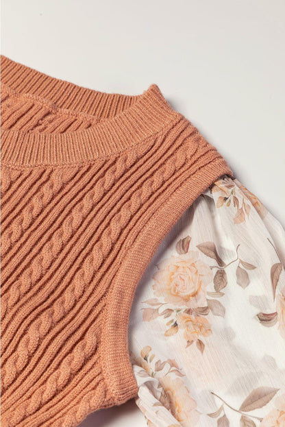 Floral Patchwork Ruffled Cuff Sleeve Cable Knit Sweater - The Fair Lady Shop