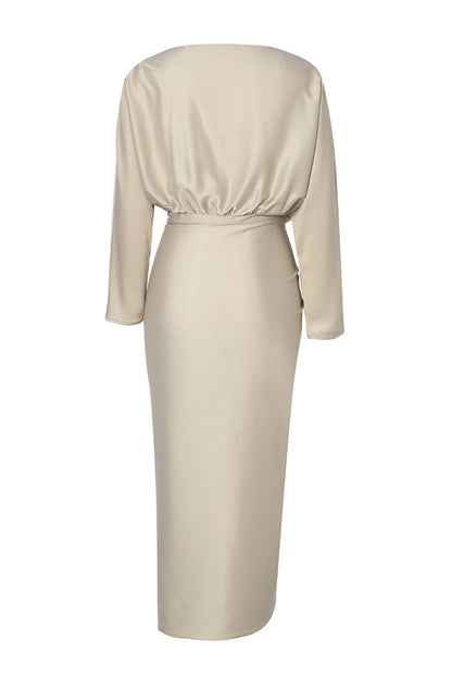 Apricot Satin Elegant Wrap Tie Side Boat Neck Long Sleeve Dress - The Fair Lady Shop