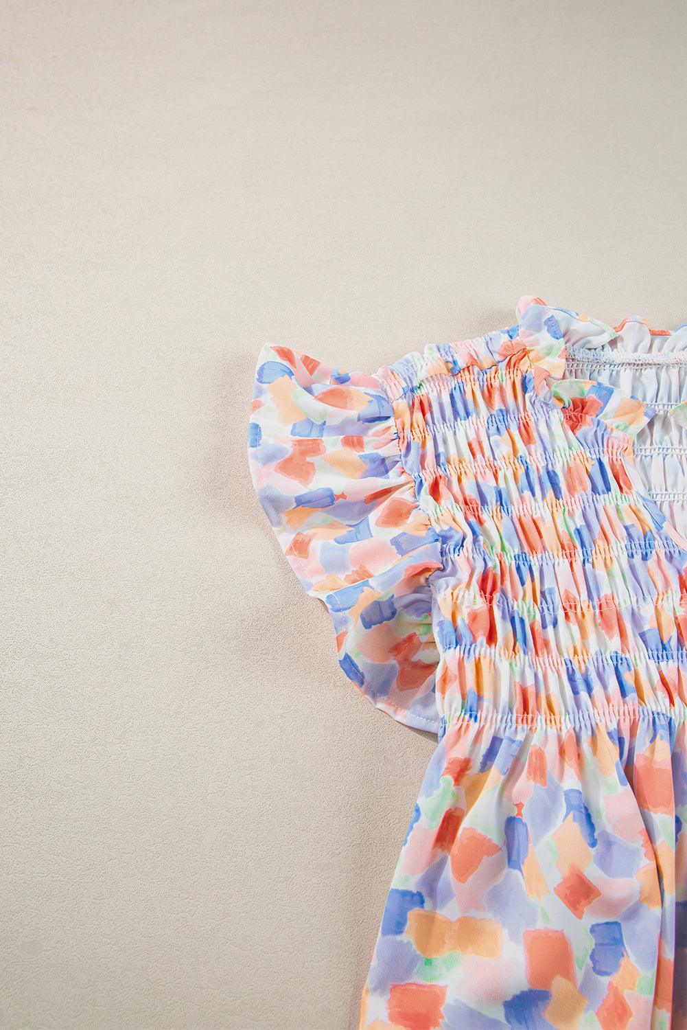 Pink Shirred Yoke Ruffle Abstract Blouse - The Fair Lady Shop