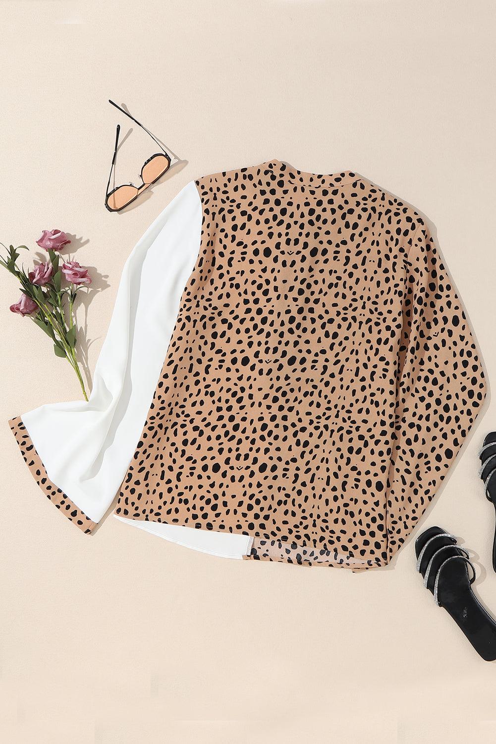 Khaki Leopard and White Patchwork Henley Blouse - The Fair Lady Shop