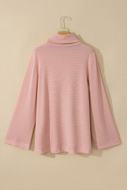 Pink Stripe Cowl Neck Side Slits Loose Fit Long Sleeve Top - The Fair Lady Shop