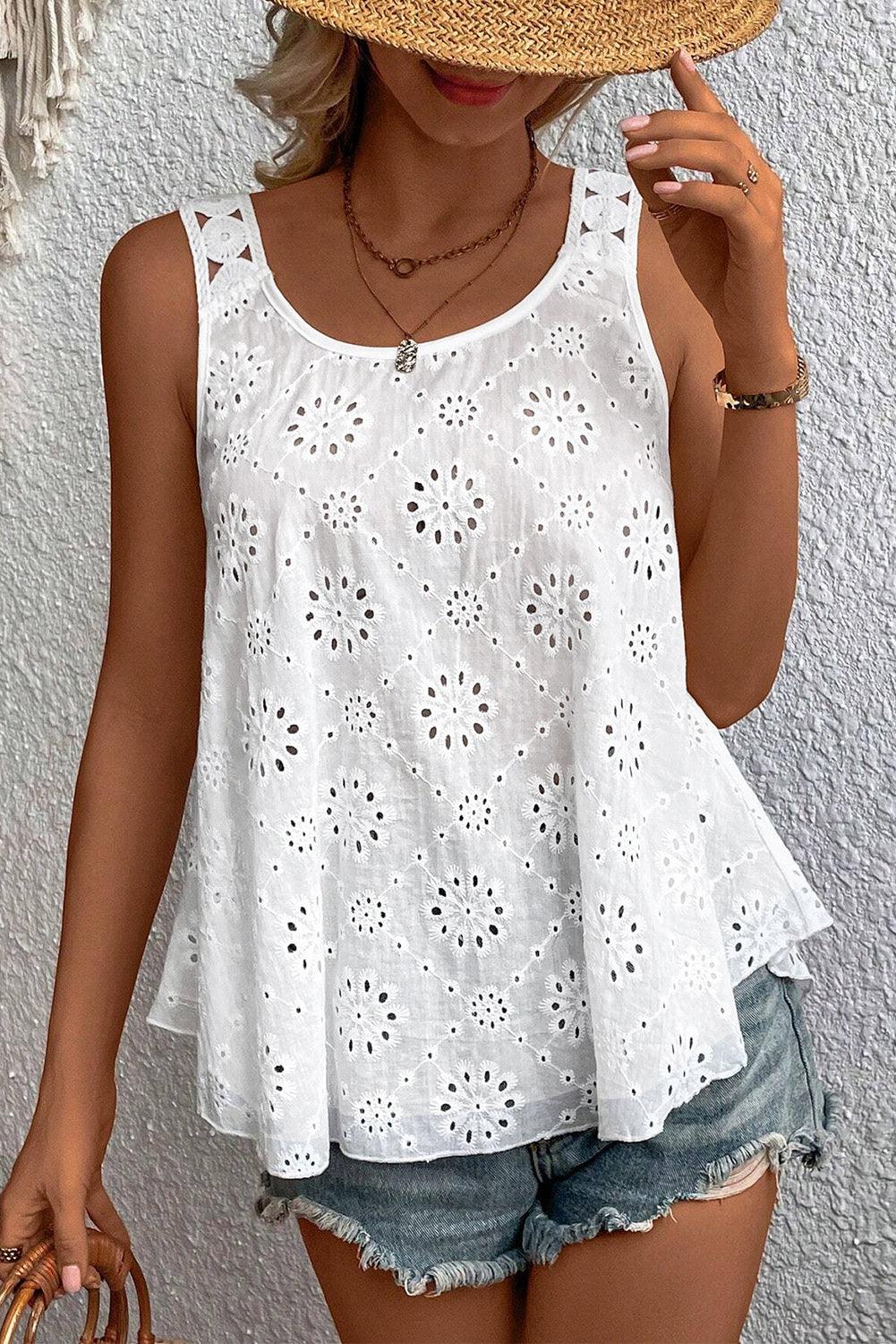 White Eyelet Embroidery Flowy Tank Top - The Fair Lady Shop