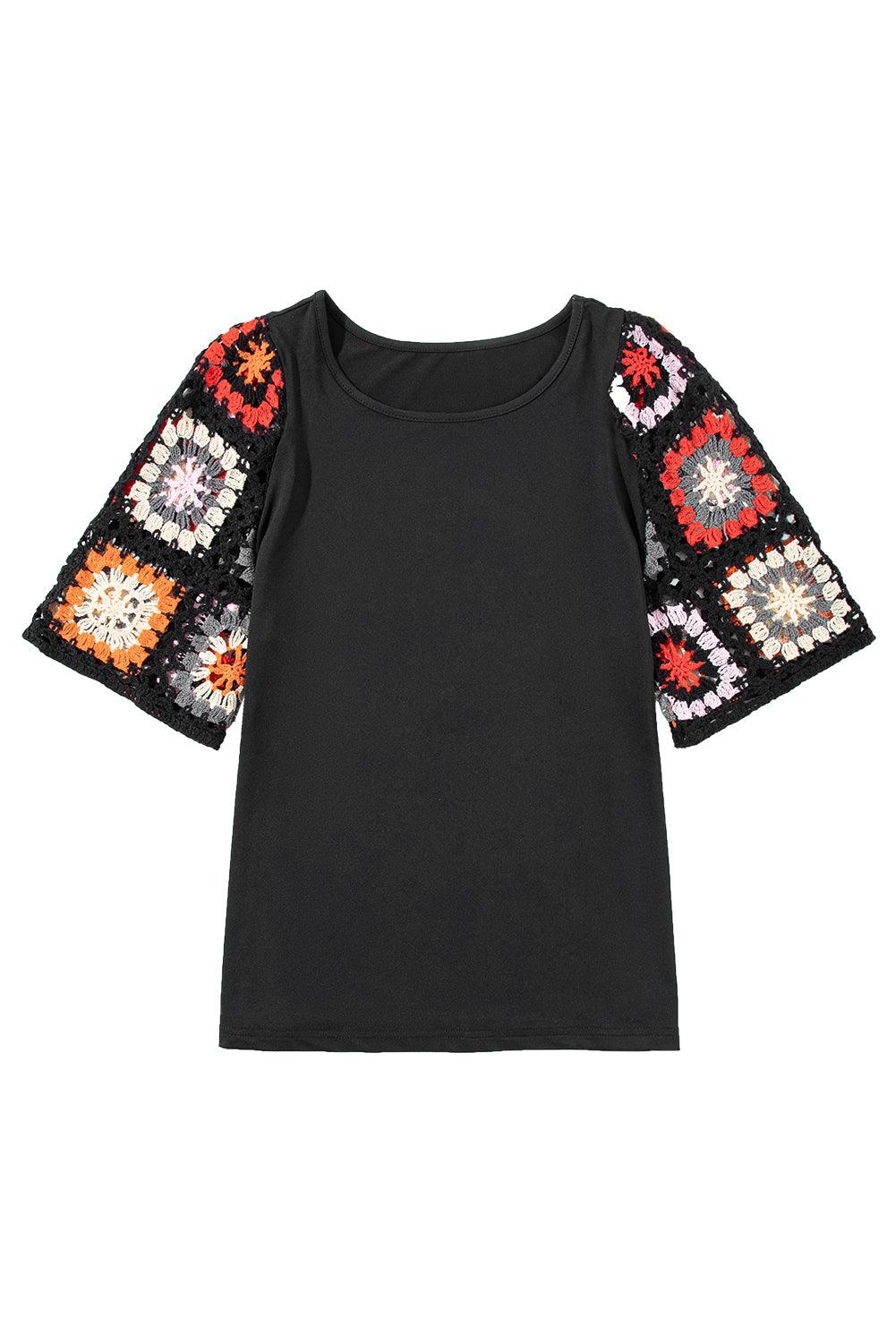 Black Floral Hollowed Crochet Sleeve Boho T Shirt - The Fair Lady Shop