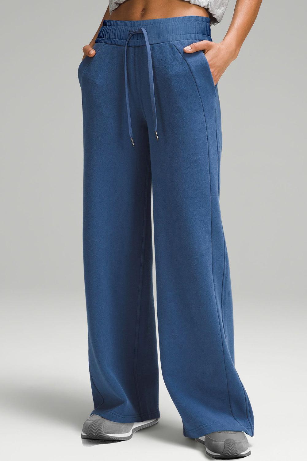 Sail Blue Drawstring High Waist Wide Leg Pocketed Pants - The Fair Lady Shop