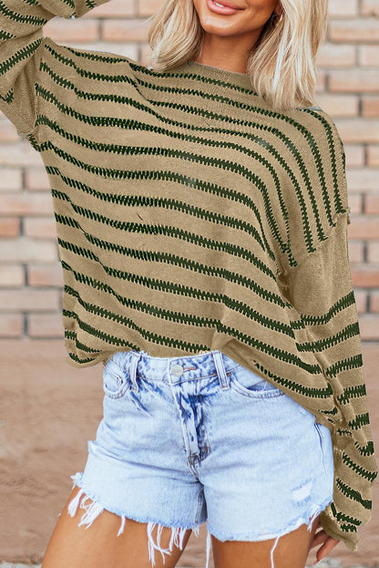 Khaki Casual Stripe Round Neck Drop Shoulder Sweater - The Fair Lady Shop