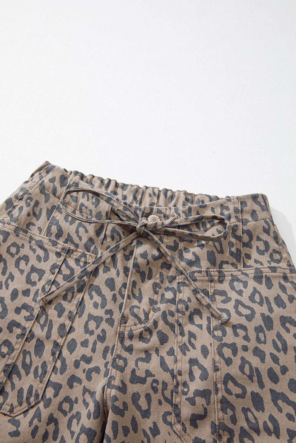Khaki Leopard Print Drawstring Waist Pocketed Wide Leg Jeans - The Fair Lady Shop