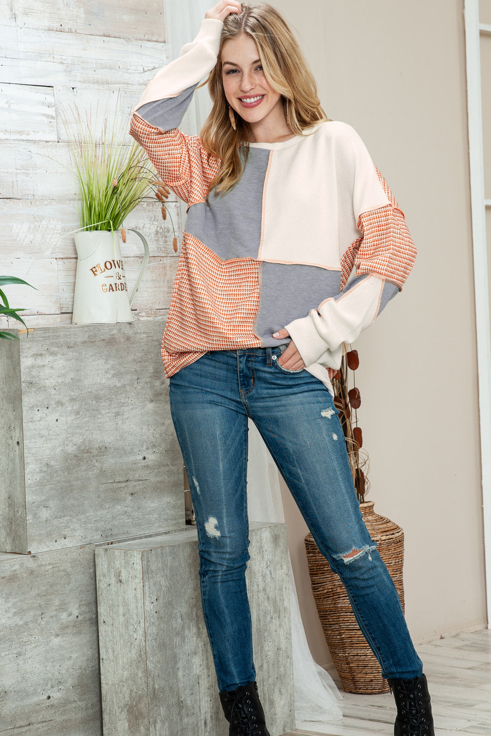 Multicolor Exposed Seam Color Block Pullover Long Sleeve Top - The Fair Lady Shop