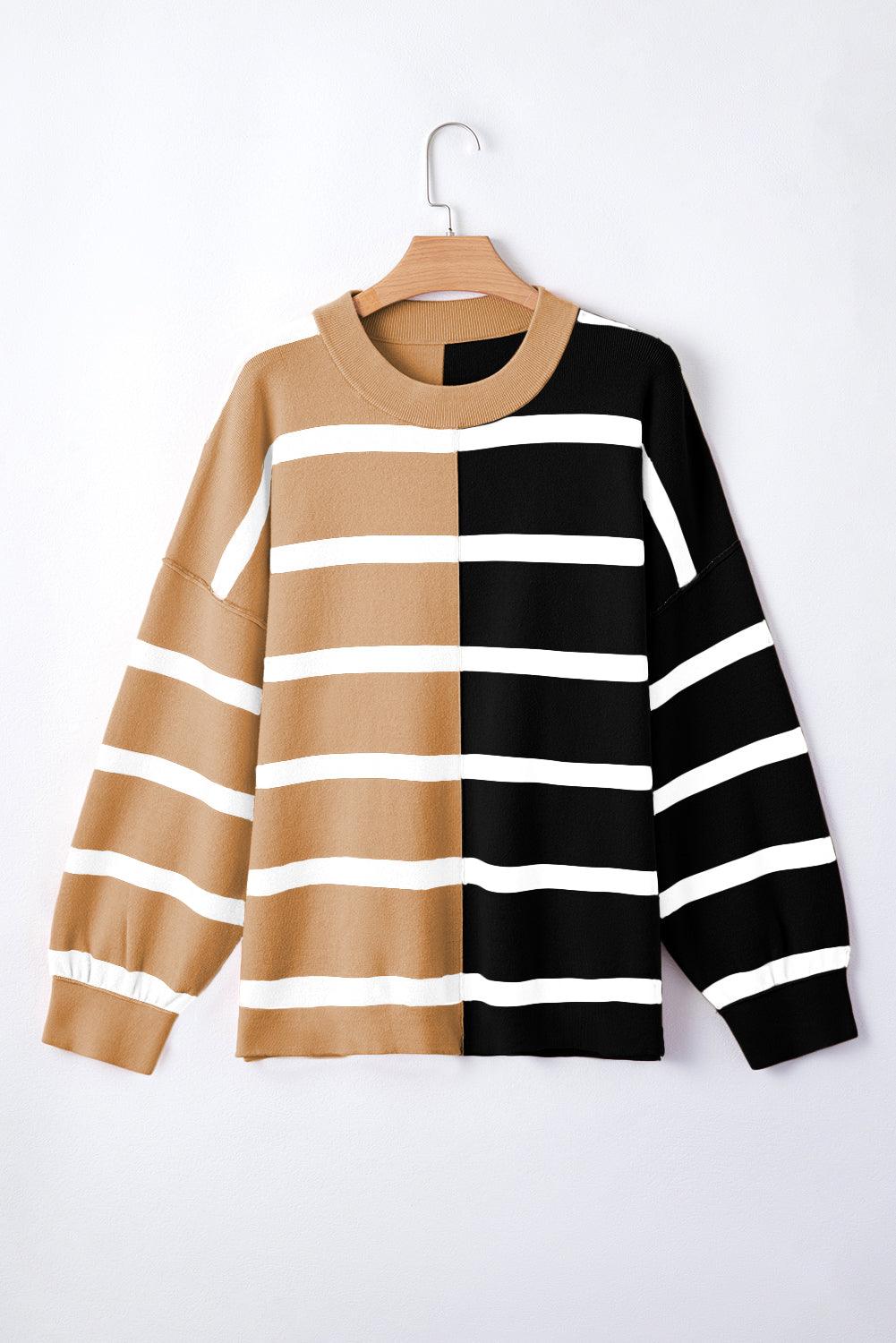 Khaki Stripe Exposed Seam Patchwork Loose Sweatshirts - The Fair Lady Shop