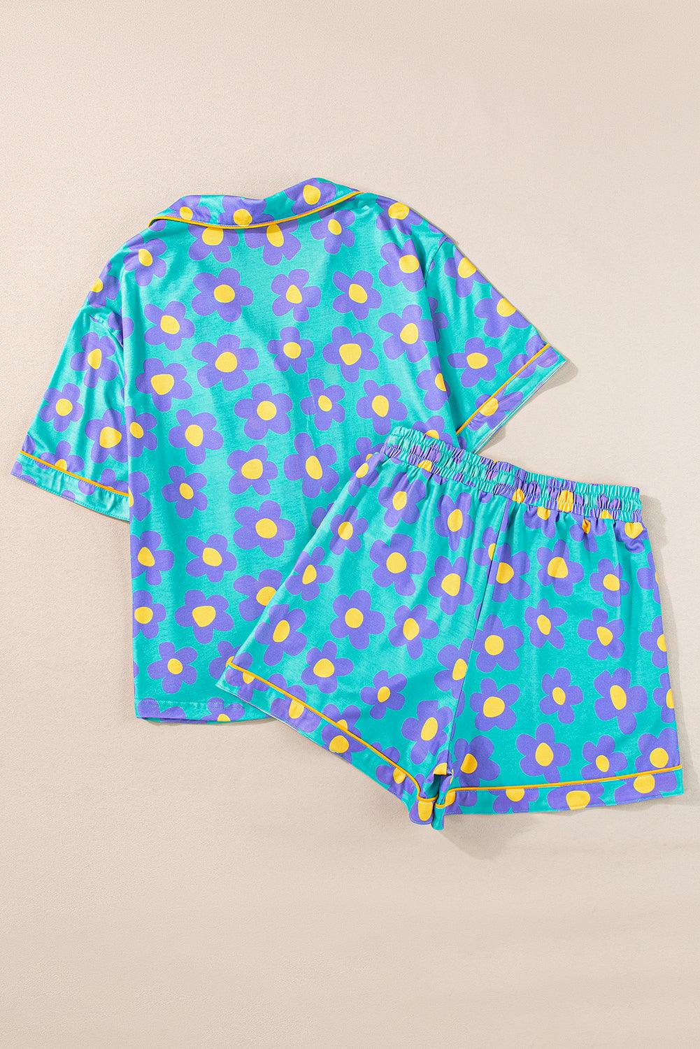Green Flower Print Buttoned Shirt and Drawstring Waist Pajama Set - The Fair Lady Shop