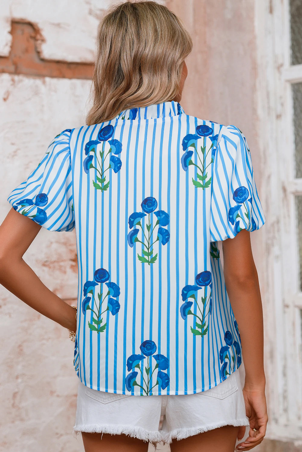 Sky Blue Stripe Boho Floral Print Frill V Neck Puff Sleeve Blouse - The Fair Lady Shop