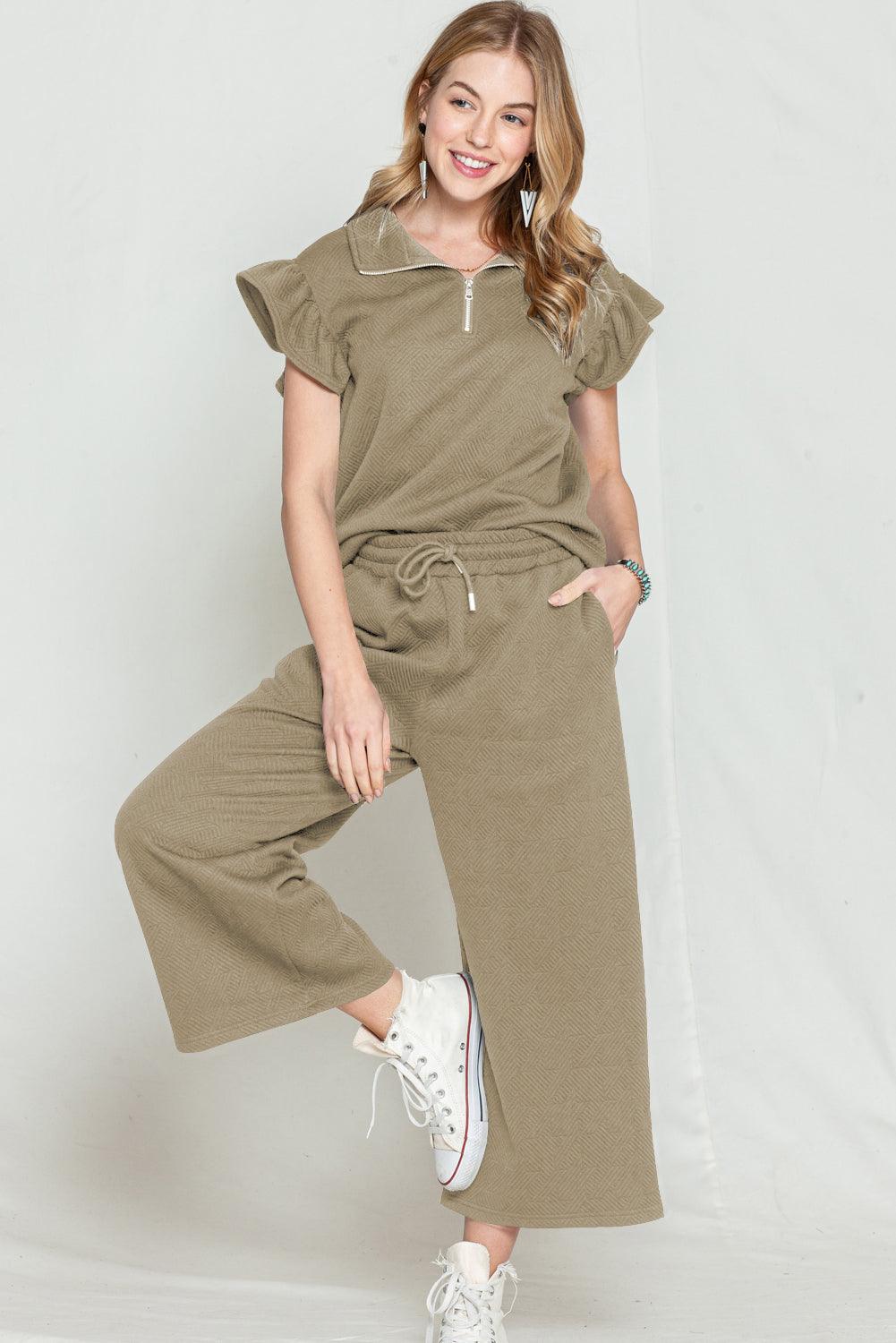 Black Textured Ruffle Cap Sleeve Top and Wide Leg Pants Set - The Fair Lady Shop