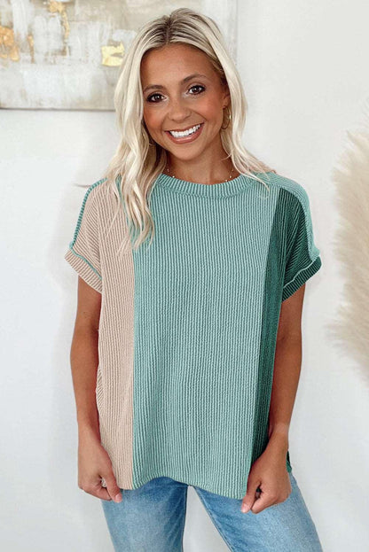 Apricot Pink Colorblock Ribbed Round Neck T Shirt - The Fair Lady Shop