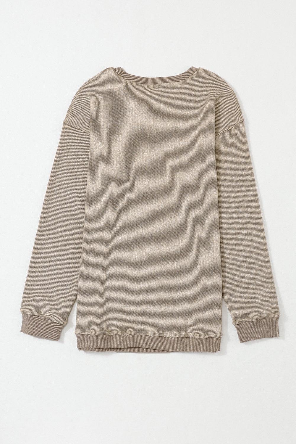 Khaki Solid Ribbed Round Neck Pullover Sweatshirt - The Fair Lady Shop