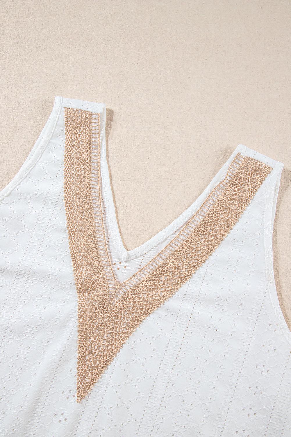 White Plus Size Guipure V Neck Eyelet Lace Tank Top - The Fair Lady Shop