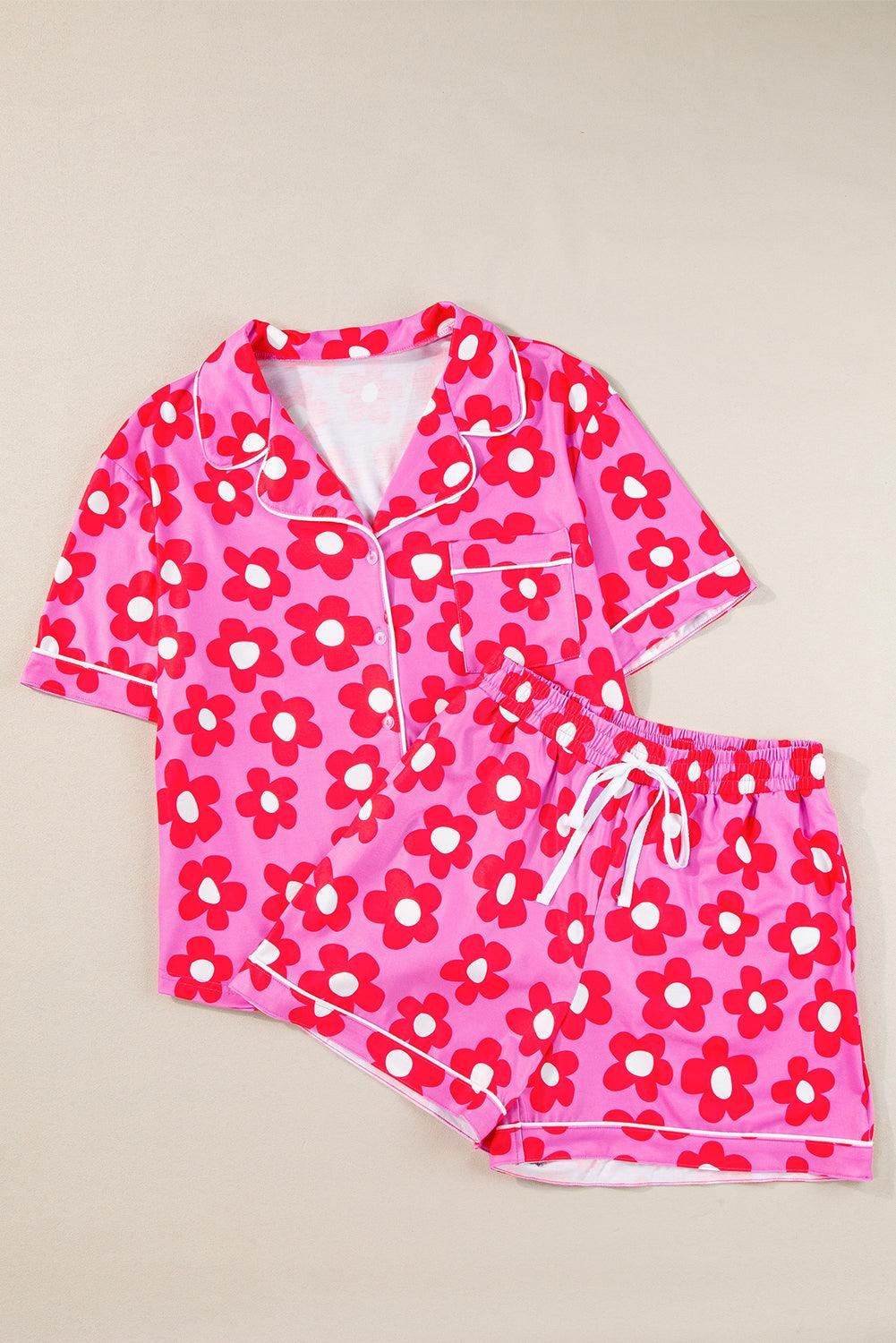 Green Flower Print Buttoned Shirt and Drawstring Waist Pajama Set - The Fair Lady Shop