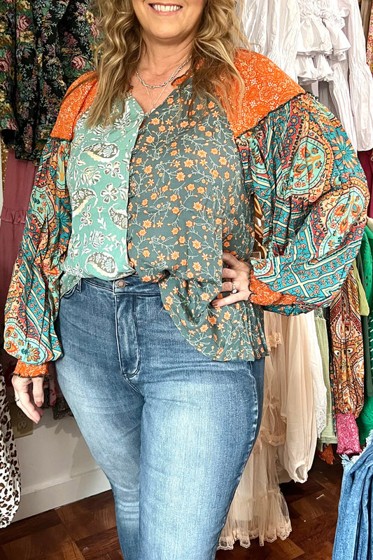 Green Floral Patchwork V Neck Lantern Sleeve Plus Size Blouse - The Fair Lady Shop